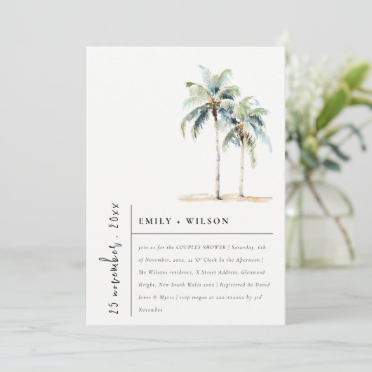 Chic Minimal Palm Trees Tropical Couples Douche Kaart (Staand voorkant)
