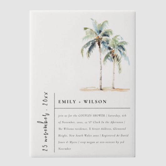 Chic Minimal Palm Trees Tropical Couples Douche Vellum Uitnodigingen (Voorkant)
