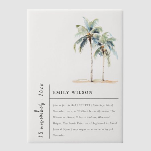 Chic Minimal Palm Trees Tropisch Baby shower Vellum Uitnodigingen (Voorkant)