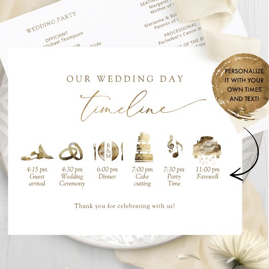 Chic Minimal Wedding Program Tijdlijn in Gold