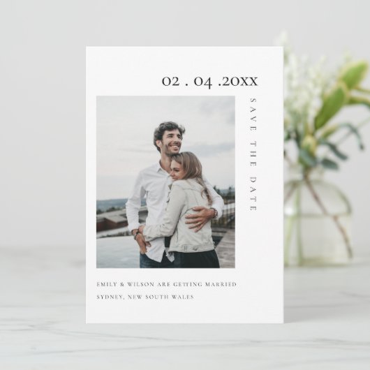 CHIC MINIMALE SCHONE AANGEPASTE FOTO SAVE THE DATE BEDANKKAART (Staand voorkant)