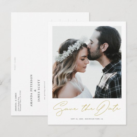 Chic Minimalist Gold Photo Wedding Save the Date Aankondigingskaart (Voorkant / Achterkant)