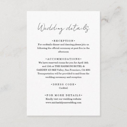 Chic Minimalist Handwriting Script Wedding Details Informatiekaartje (Voorkant)
