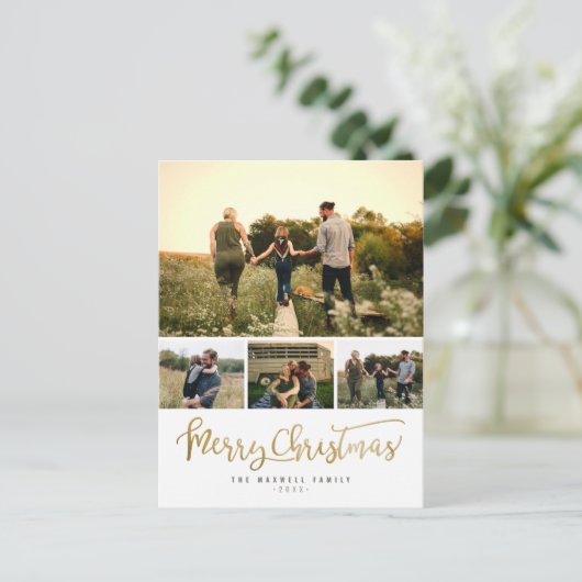 Chic Minimalist Merry Christmas 4 Photo Collage Feestdagenkaart (Staand voorkant)