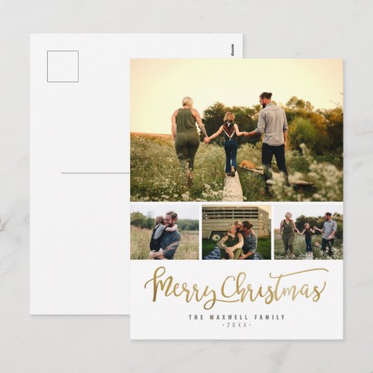 Chic Minimalist Merry Christmas 4 Photo Collage Feestdagenkaart (Voorkant / Achterkant)