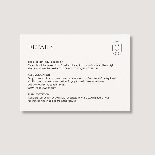 Chic Minimalist Monogram Wedding Details Enclosure Informatiekaartje