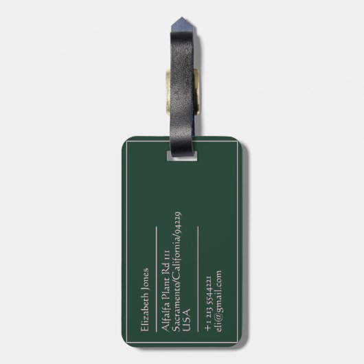 Chic Minimalist Monogrammed Green Bagagelabel (Achterkant verticaal)