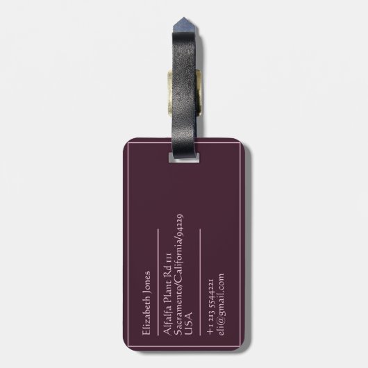 Chic Minimalist Monogrammed Maroon Bagagelabel (Achterkant verticaal)