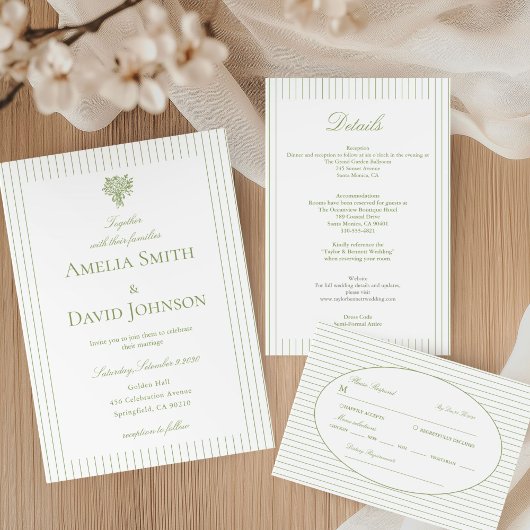 Chic Minimalist Stripe Green Wedding Details Kaart