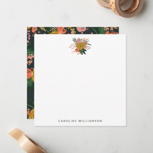 Chic Minimalist Yellow Navy Flowers gepersonalisee Notitiekaartje (Voorkant / Achterkant in situ)