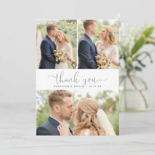 Chic minimalistisch script 3 Fotocollage Hartelijk Bedankkaart (Staand voorkant)