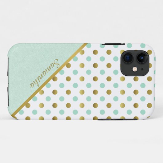 Chic Mint and Gold Polka Dots Case-Mate iPhone Case (Achterkant (horizontaal))