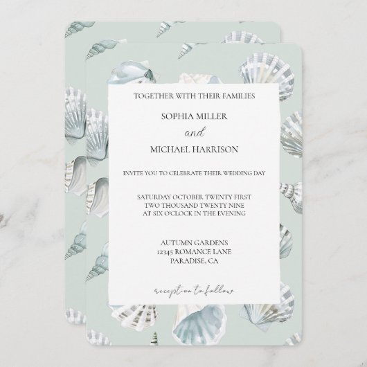 Chic Mint Blue Beach Shells Wedding Kaart (Voorkant / Achterkant)