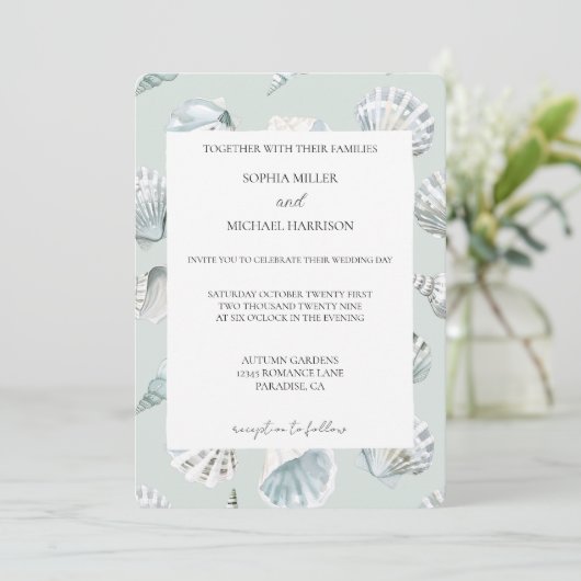 Chic Mint Blue Beach Shells Wedding Kaart (Staand voorkant)