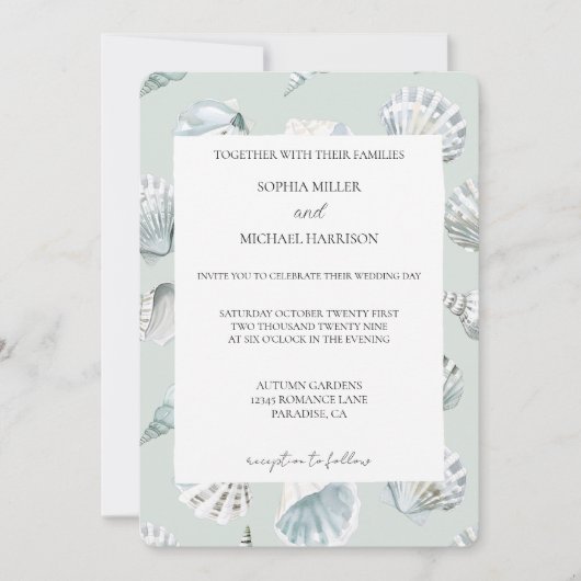 Chic Mint Blue Beach Shells Wedding Kaart (Voorkant)