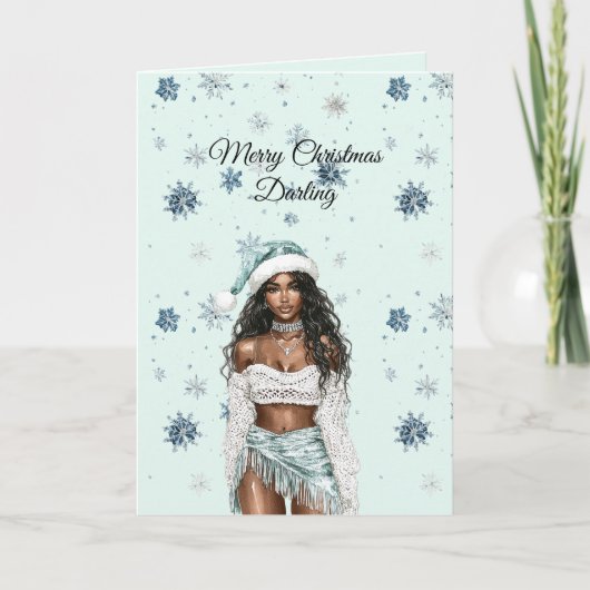 Chic Mint Blue Snowflakes Black Hair Female Kaart (Voorkant)