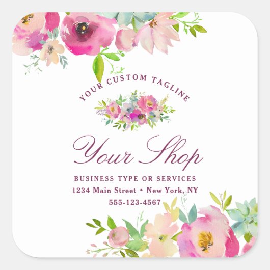 Chic Mint en Blush Pink Floral Business Vierkante Sticker (Voorkant)