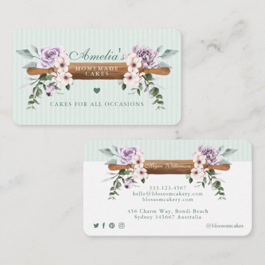 Chic Mint Floral Waterverf Bakery Rolling Pin Visitekaartje (Voorkant / Achterkant)