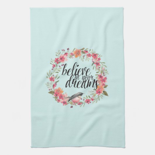 Chic Mint Geloof In Je Dromen Vogel Roze Bloemen Theedoek (Verticaal)