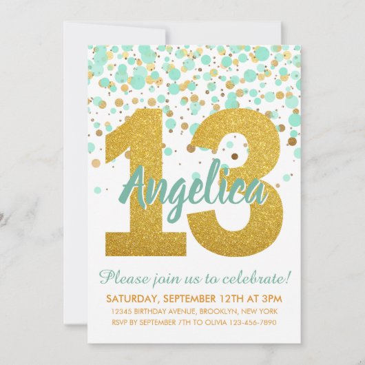 Chic Mint Gold Glitter Confetti Meisje 13e Verjaar Kaart (Voorkant)