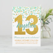Chic Mint Gold Glitter Confetti Meisje 13e Verjaar Kaart (Staand voorkant)
