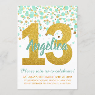 Chic Mint Gold Glitter Confetti Meisje 13e Verjaar Kaart