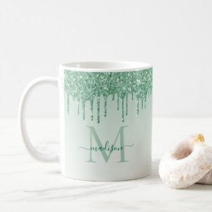 Chic Mint Green Glitter Sparkle Monogram Script Koffiemok