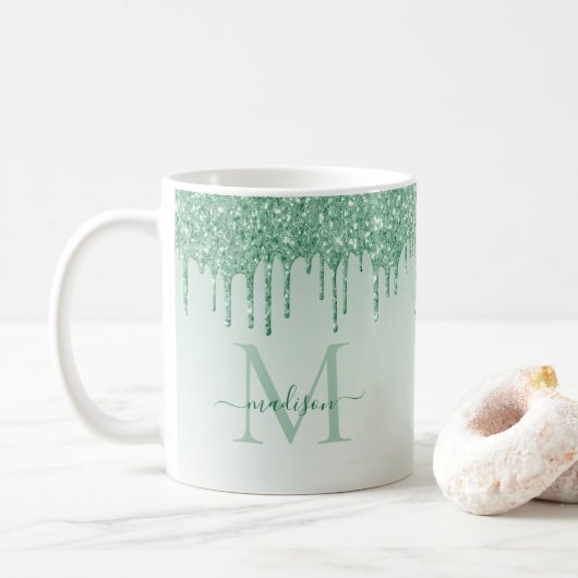 Chic Mint Green Glitter Sparkle Monogram Script Koffiemok (Met donut)