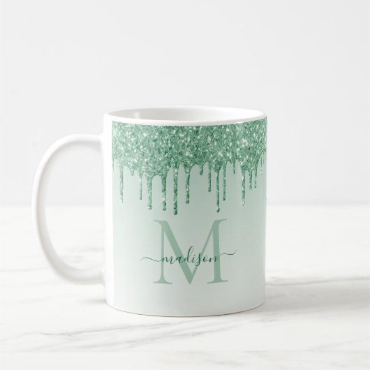 Chic Mint Green Glitter Sparkle Monogram Script Koffiemok (Links)