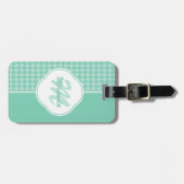 Chic Mint Green Houndstooth met monogram en naam Bagagelabel (Voorkant horizontaal)