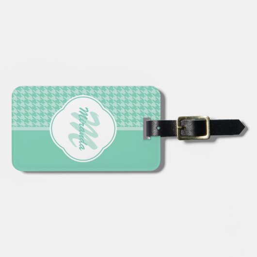 Chic Mint Green Houndstooth met monogram en naam Bagagelabel (Voorkant horizontaal)