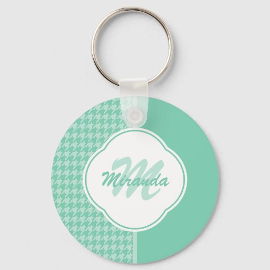 Chic Mint Green Houndstooth met monogram en naam Sleutelhanger (Voorkant)