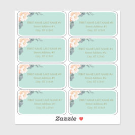 Chic Mint Green Peach Floral Wedding Guest Address Sticker