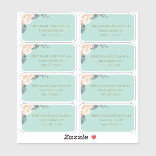 Chic Mint Green Peach Floral Wedding Guest Address Sticker (Vel)