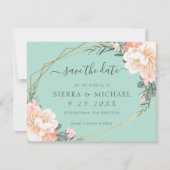 Chic Mint Green Peach Gold Floral Save the Date Aankondiging (Voorkant)