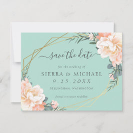 Chic Mint Green Peach Gold Floral Save the Date Aankondiging