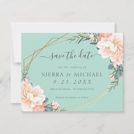 Chic Mint Green Peach Gold Floral Save the Date Aankondiging (Voorkant)