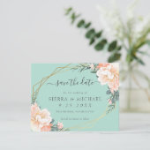 Chic Mint Green Peach Gold Floral Save the Date Aankondiging (Staand voorkant)