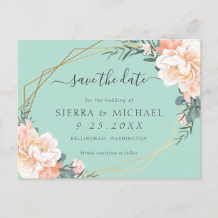 Chic Mint Green Peach Gold Floral Save the Date Aankondigingskaart