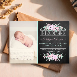 Chic Mint Green & Pink Flowers Birth Announding Aankondiging