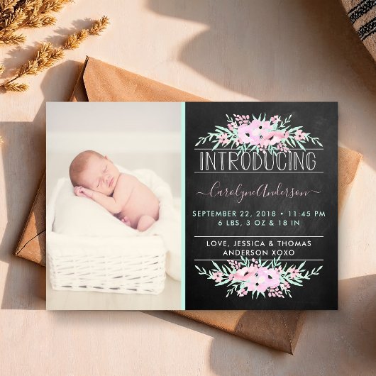 Chic Mint Green & Pink Flowers Birth Announding Aankondiging