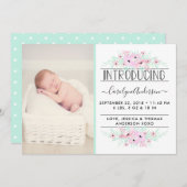 Chic Mint Green & Pink Flowers Birth Announding Aankondiging (Voorkant / Achterkant)