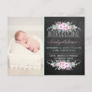 Chic Mint Green & Pink Flowers Birth Announding Aankondigingskaart