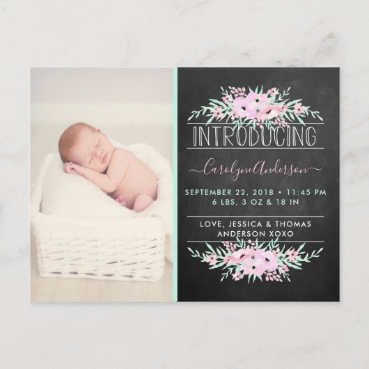 Chic Mint Green & Pink Flowers Birth Announding Aankondigingskaart (Voorkant)