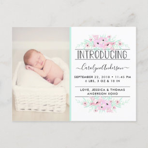 Chic Mint Green & Pink Flowers Birth Announding Aankondigingskaart