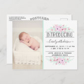 Chic Mint Green & Pink Flowers Birth Announding Aankondigingskaart (Voorkant / Achterkant)