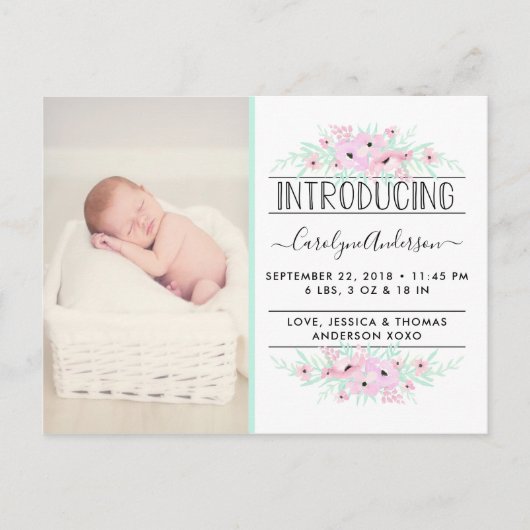 Chic Mint Green & Pink Flowers Birth Announding Aankondigingskaart (Voorkant)