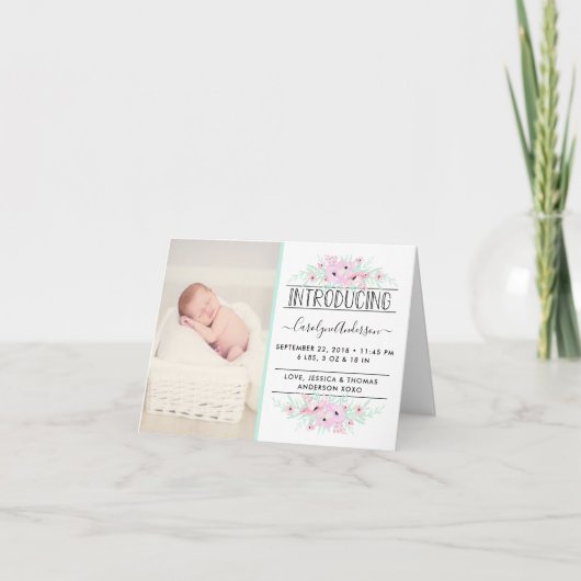 Chic Mint Green & Pink Flowers Birth Announding Feestdagen Kaart (Voorkant)