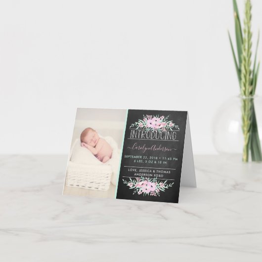 Chic Mint Green & Pink Flowers Birth Announding Feestdagen Kaart (Voorkant)