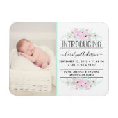 Chic Mint Green & Pink Flowers Birth Announding Magneet (Horizontaal)